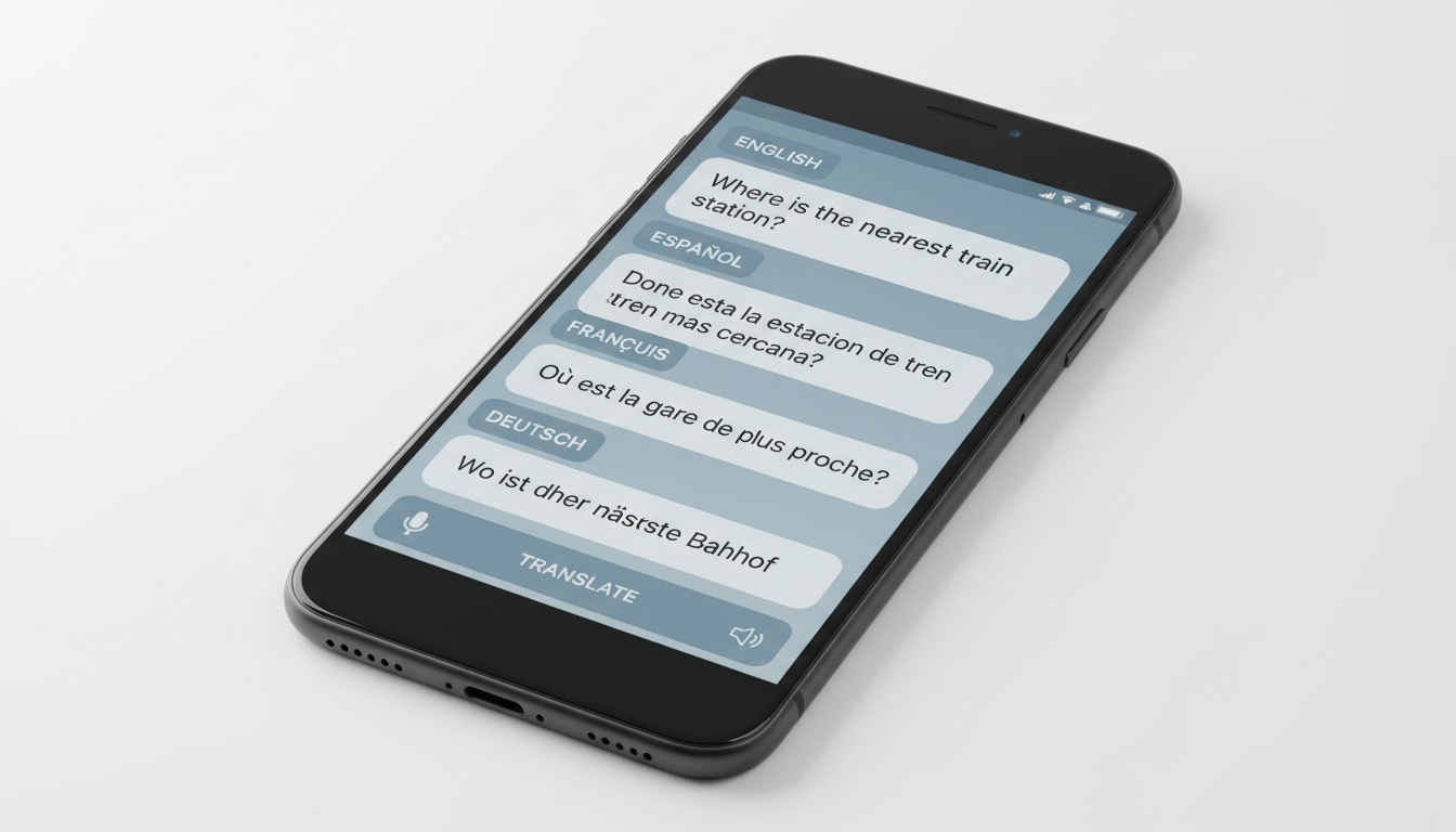 Tela de smartphone exibindo a interface de um app de tradução em tempo real com balões de conversa em vários idiomas, estilo fotografia profissional de produto.