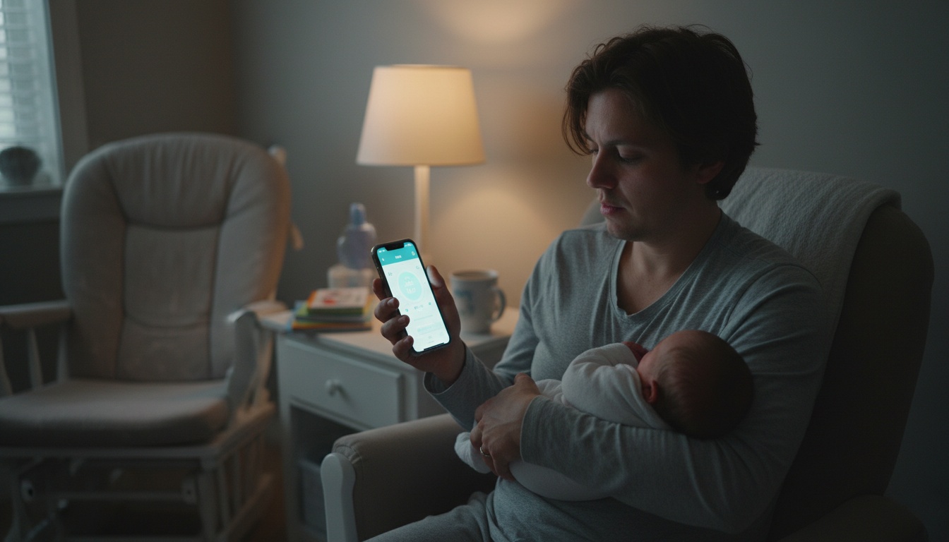 Tired parent holding sleeping baby while using phone app one-handed in dim nighttime lighting, illustrating newborn care management