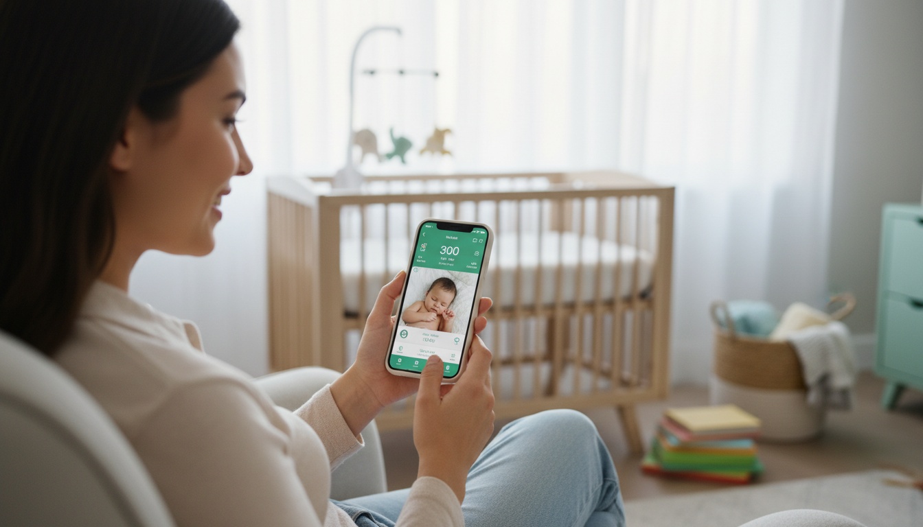 Parent viewing baby monitoring app on smartphone in a modern nursery setting with soft natural lighting and warm home environment.