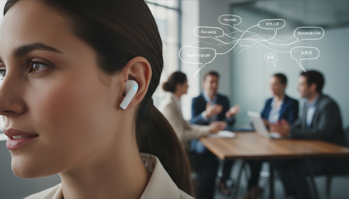 Profesyonel ofis ortamında çok dilli konuşmacılar arasında konuşma sırasında takılan kablosuz kulaklıklar, gerçek zamanlı çeviri teknolojisinin kullanımını gösteriyor