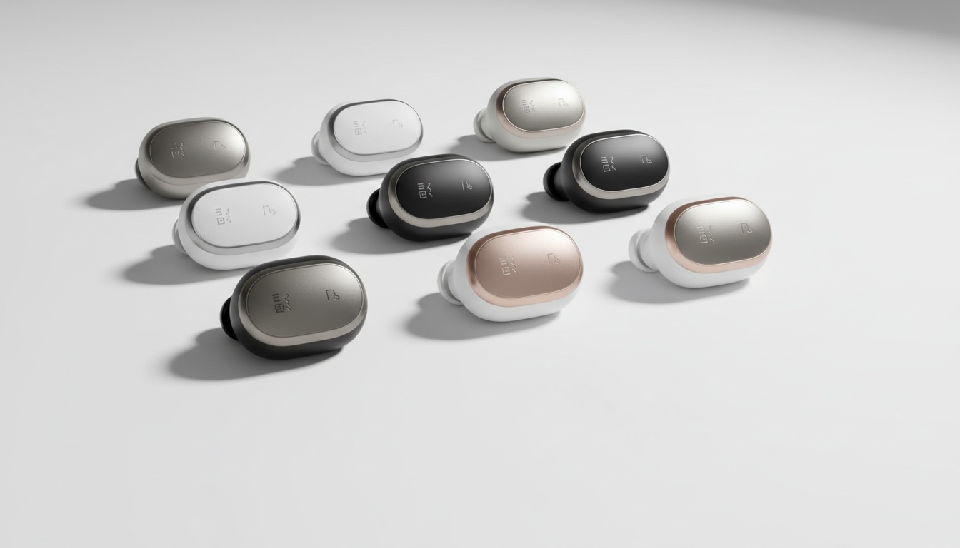 Seven translation earbuds displayed in organized rows against a white background, showcasing different models and designs in professional product photography style.