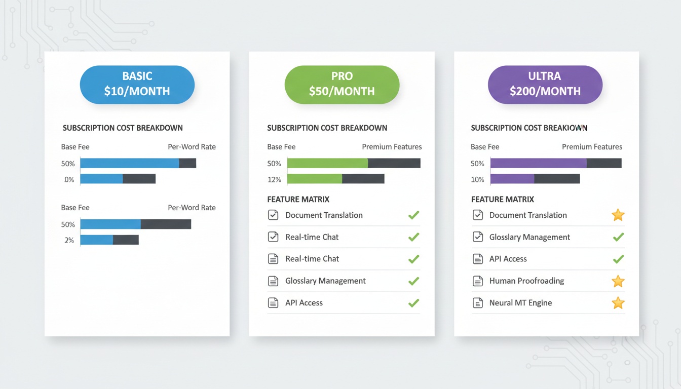 Visual comparison chart showing subscription pricing tiers, monthly costs, and feature availability across different translation service options.