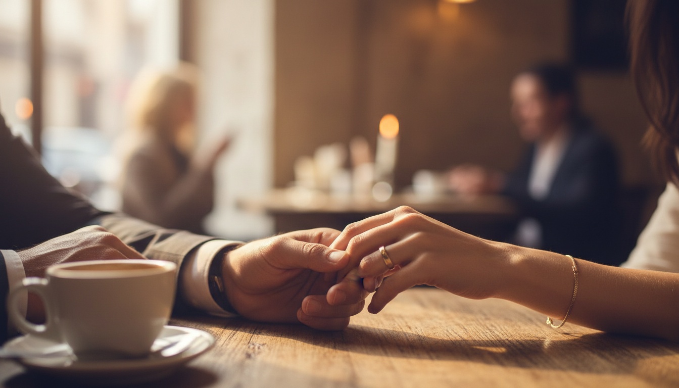Dwie dłonie delikatnie dotykające się przez stół w ciepłym oświetleniu, reprezentujące intymną więź i komunikację między partnerami