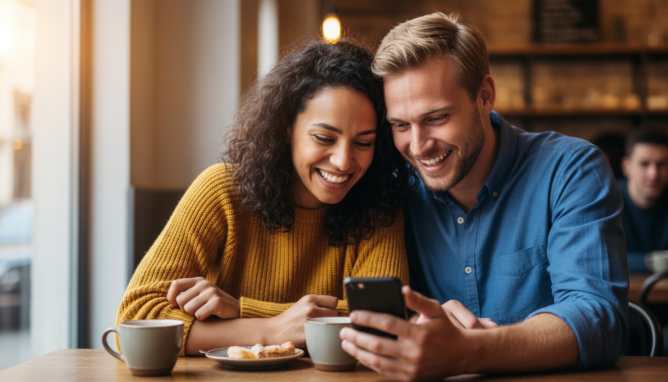 Międzynarodowa para uśmiechająca się podczas przeglądania aplikacji tłumaczącej na smartfonie przy stoliku w kawiarni, reprezentująca naukę języka i komunikację międzykulturową.