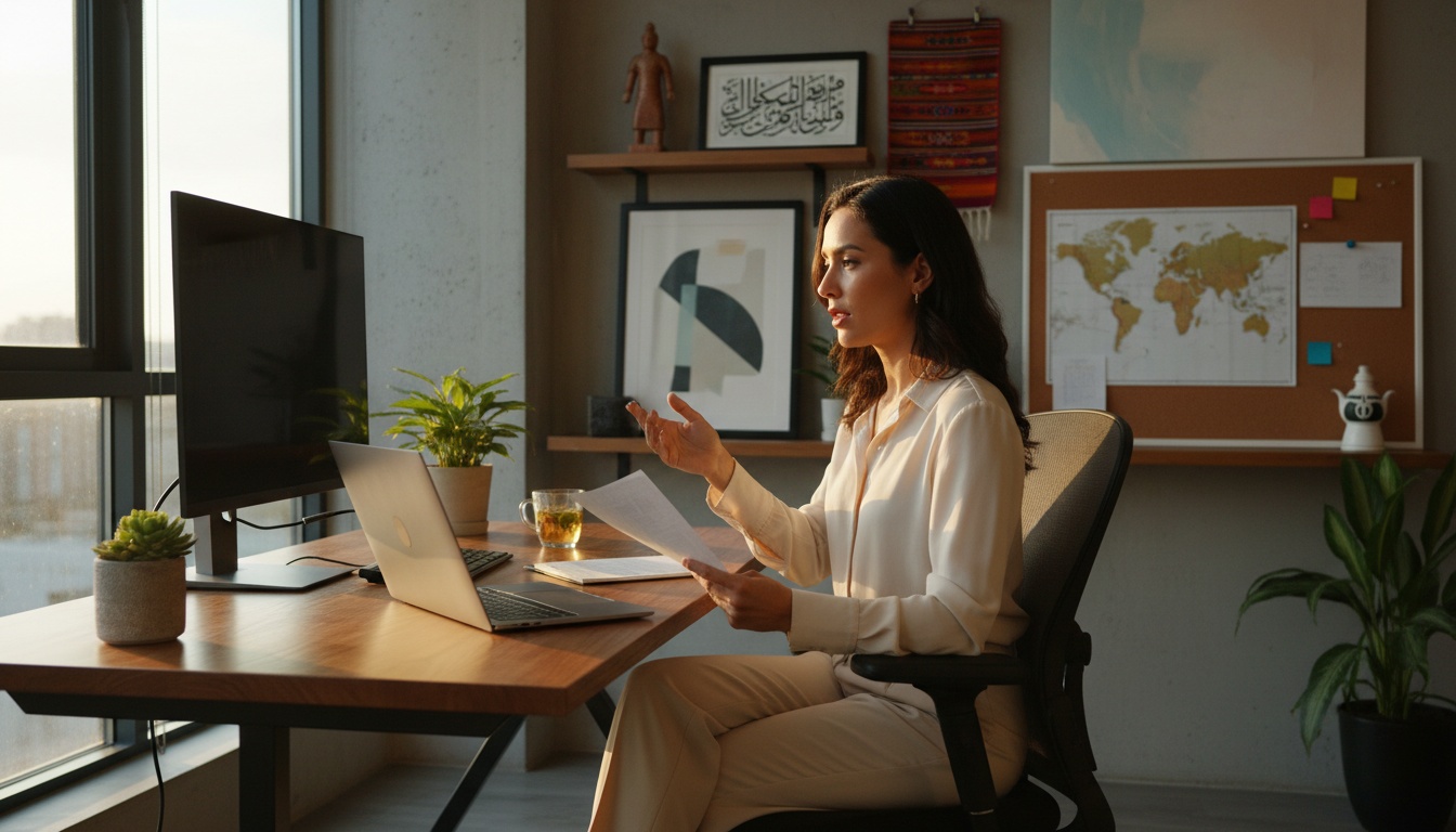 Expat woman on video call reviewing documents at home, representing professional communication and integration into new country life