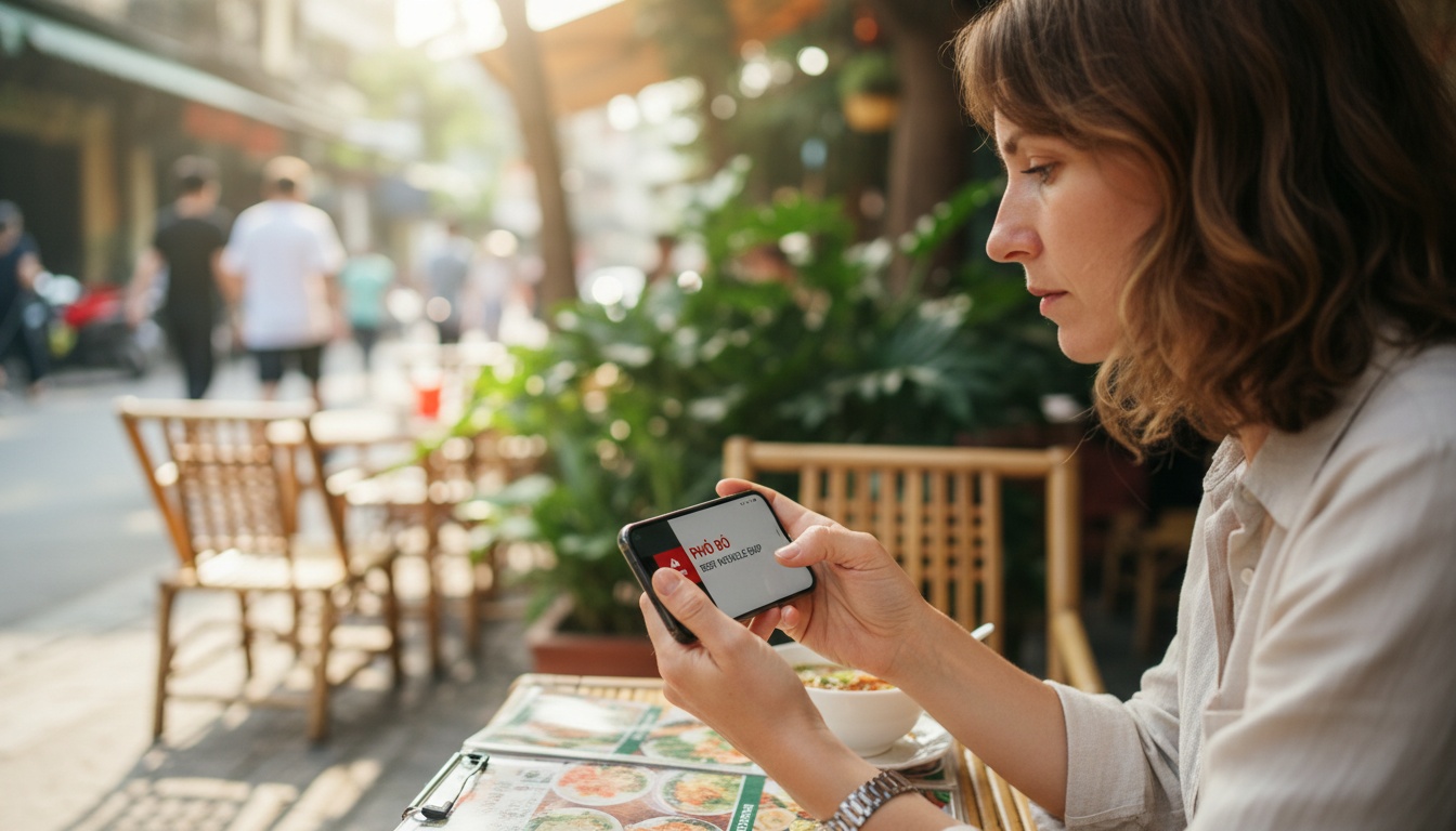 Person holding smartphone displaying translation app while reading a restaurant menu at an outdoor café in a tropical setting.