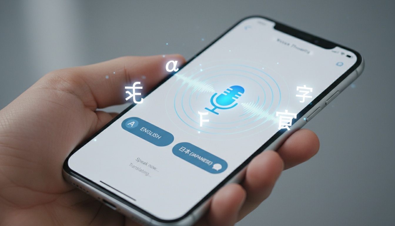 Smartphone-Bildschirm mit einer aktiven Sprachübersetzer-App mit Mikrofon-Oberfläche und Schallwellen-Visualisierung als Darstellung von Echtzeit-Übersetzungstechnologie.