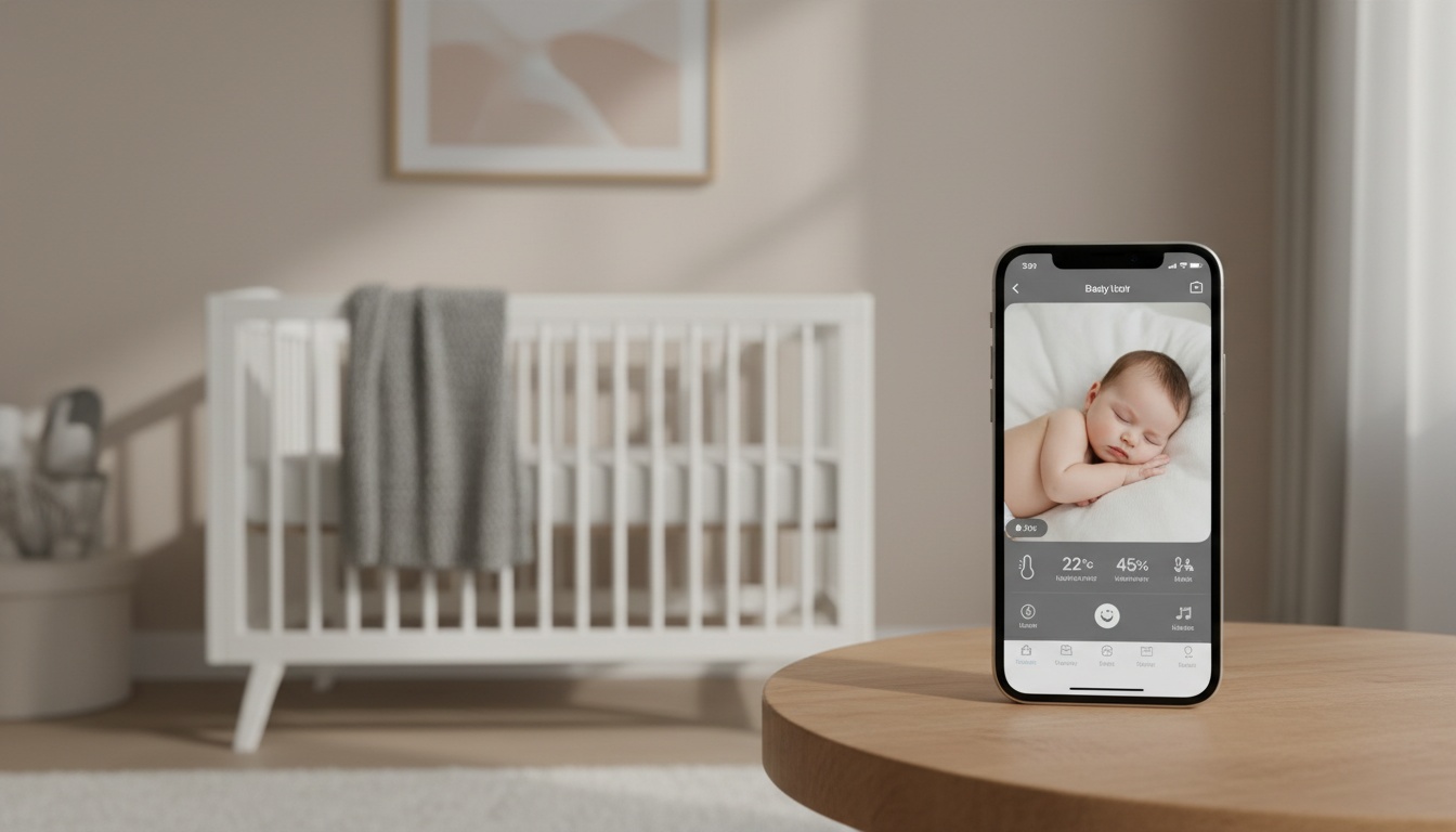 Smartphone showing baby monitor app next to a crib in a modern nursery, illustrating budget-friendly monitoring solution using existing devices.