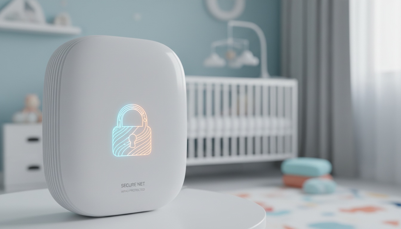 A WiFi router with security lock icon symbolizing encrypted baby monitor connections and home network privacy protection.