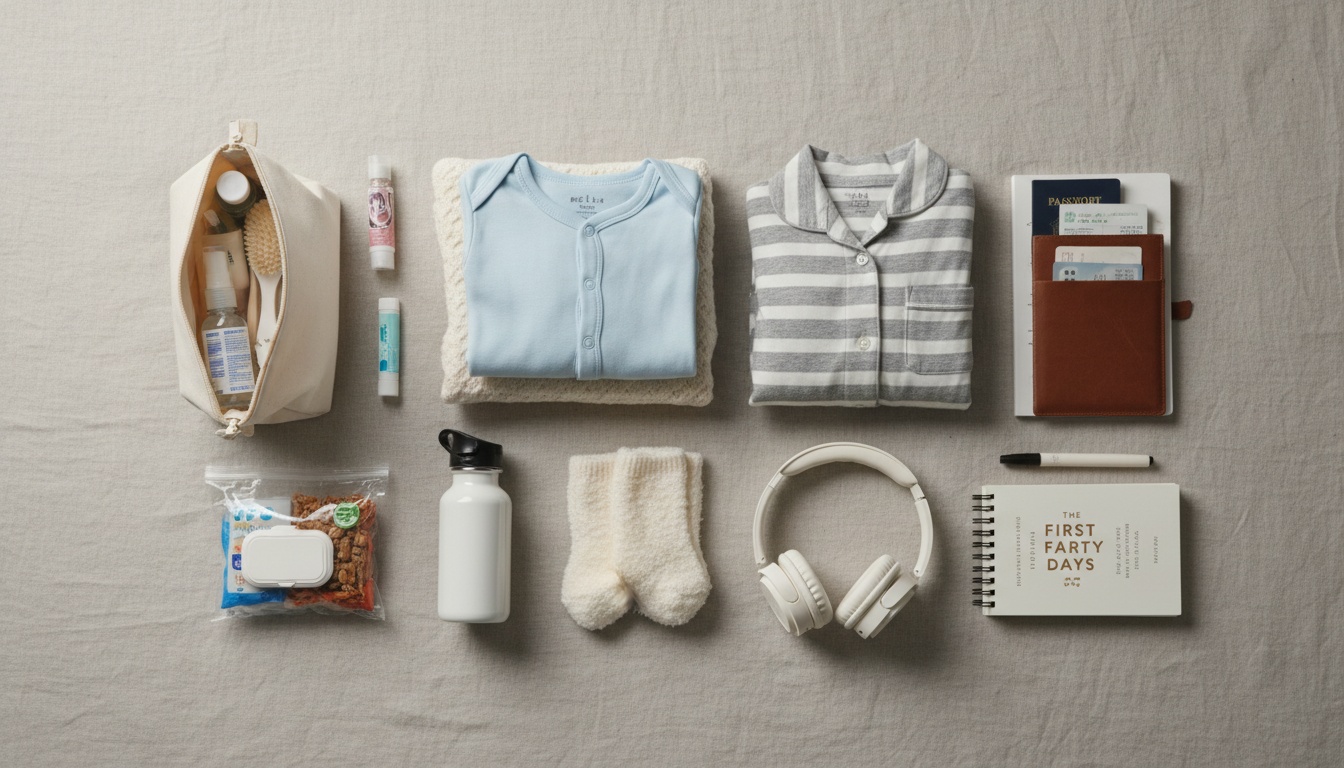 Organized hospital bag contents displayed flat lay style showing neatly arranged clothing, toiletries, documents, and comfort items for labor preparation.