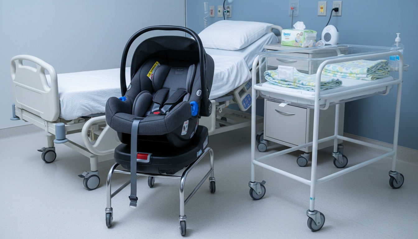 Properly installed car seat positioned next to a hospital bed with neatly folded blankets and newborn essentials arranged on the mattress.