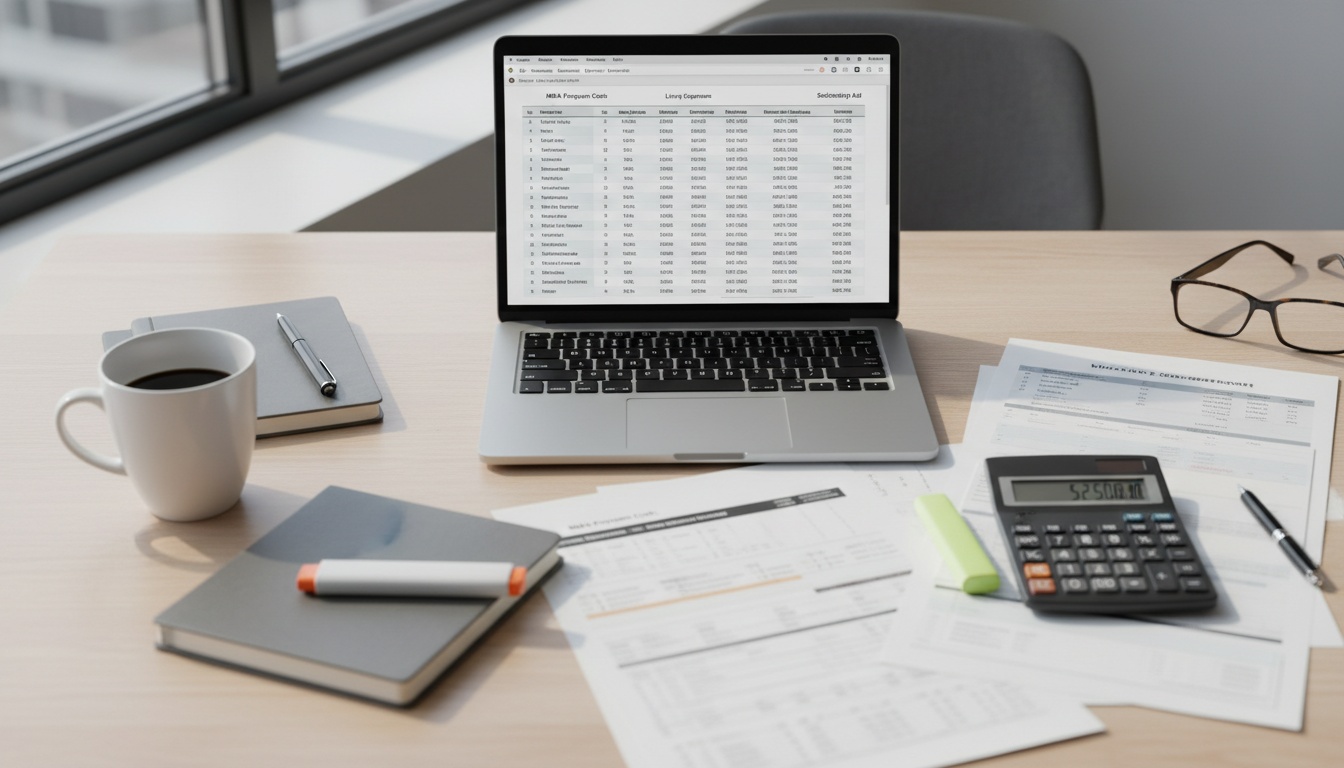 Overhead view of MBA cost analysis materials including calculator, tuition spreadsheets, and laptop on a professional workspace desk.