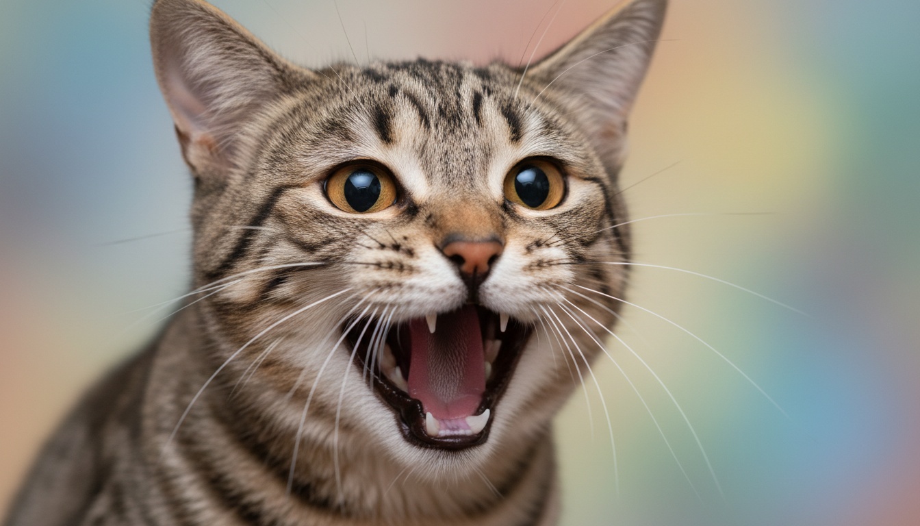 Getigerte Katze mit geöffnetem Maul mitten im Miauen, ausdrucksstarke Augen, weicher unscharfer Hintergrund, professioneller Studio-Fotografie-Stil.
