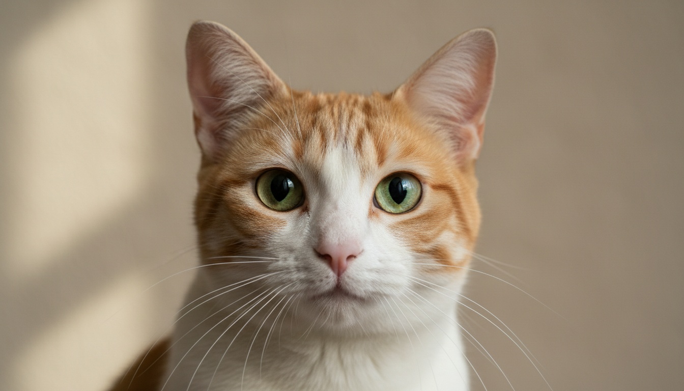 Nahaufnahme eines Katzengesichts mit wichtigen Körpersprache-Indikatoren wie Ohrenstellung, Pupillenerweiterung und Gesichtsausdruck zur Verhaltensinterpretation.