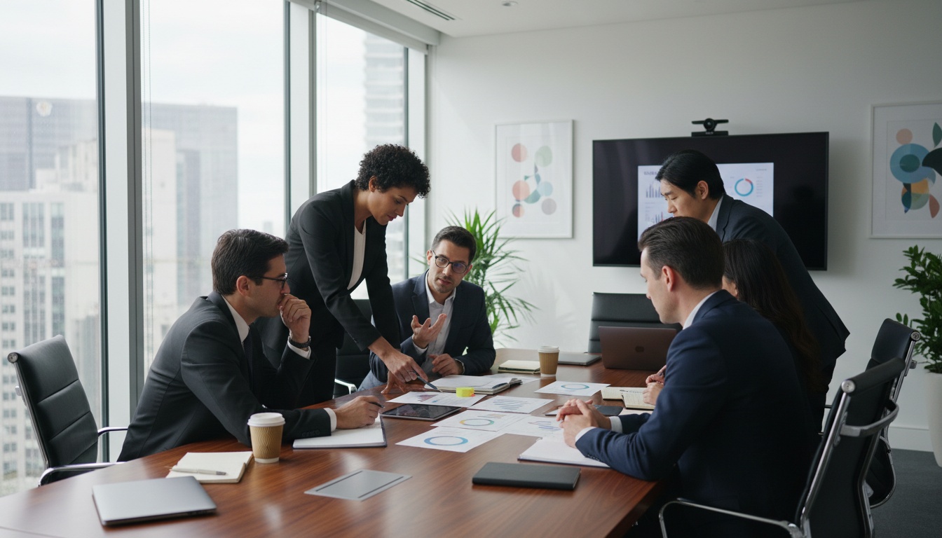 Diverse business professionals collaborating over documents in a modern office during a multilingual meeting discussion.