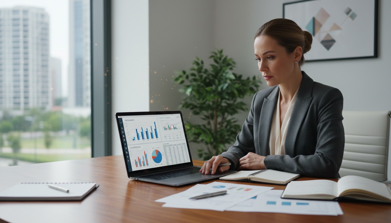 Business professional analyzing financial data and cost comparison charts on computer screen in contemporary office setting