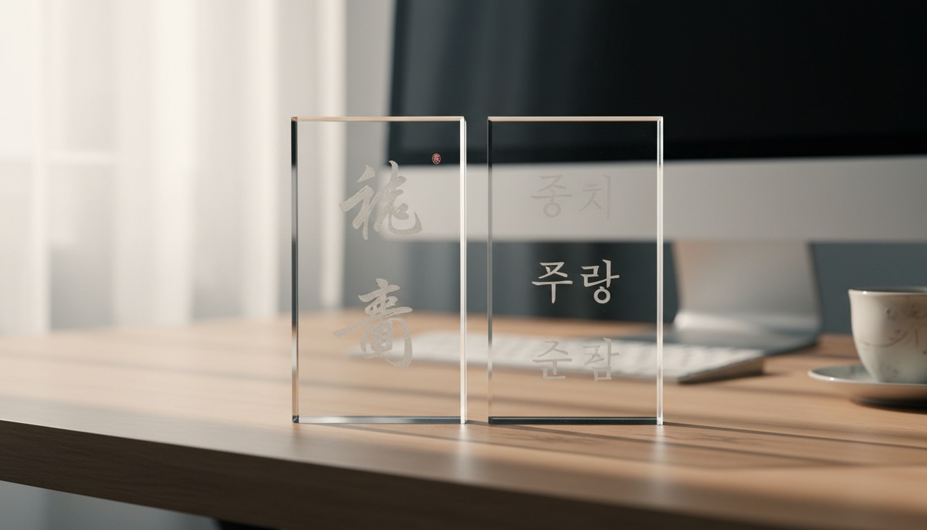 Close-up view of Chinese characters and Korean Hangul alphabet displayed together, representing different writing systems and translation complexity.