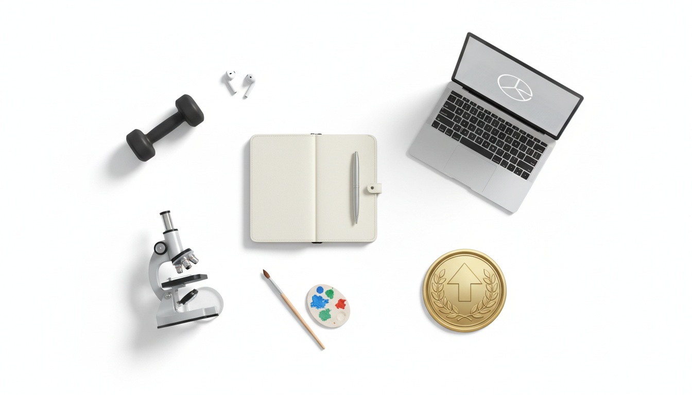 Six symbolic objects representing diverse activities arranged purposefully on white background, illustrating quality over quantity in college applications.