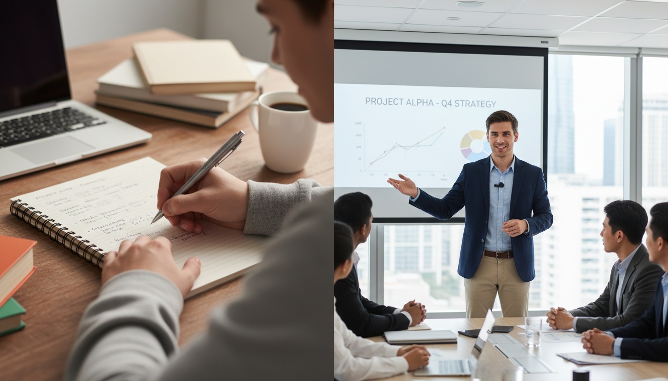 Side-by-side visual contrast of passive versus active student engagement, showing writing versus leadership action in professional photography.