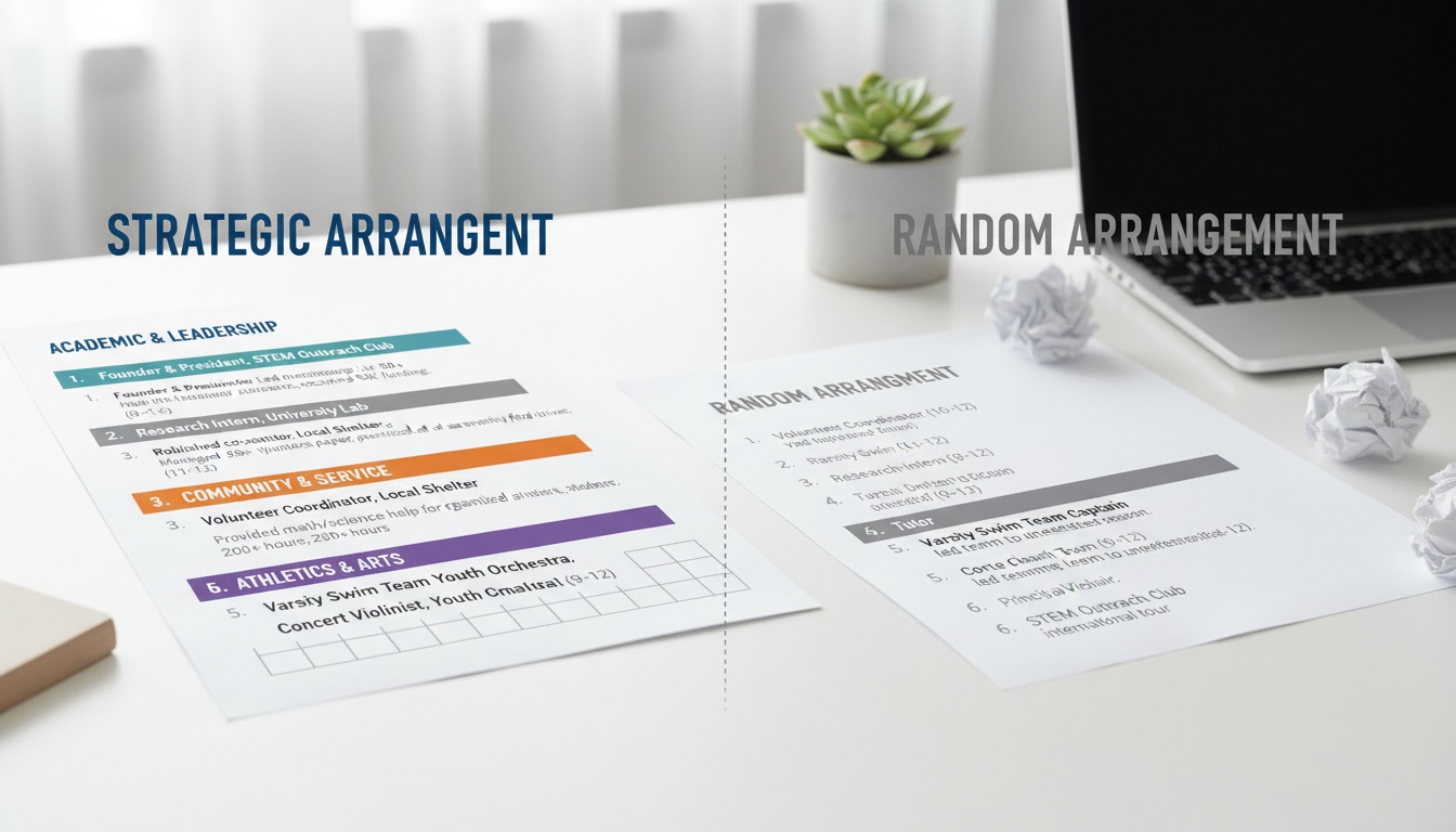 Side-by-side comparison of two activity list orderings, one strategic and one random, with color-coded sections showing core identity, supporting dimensions, and breadth categories.