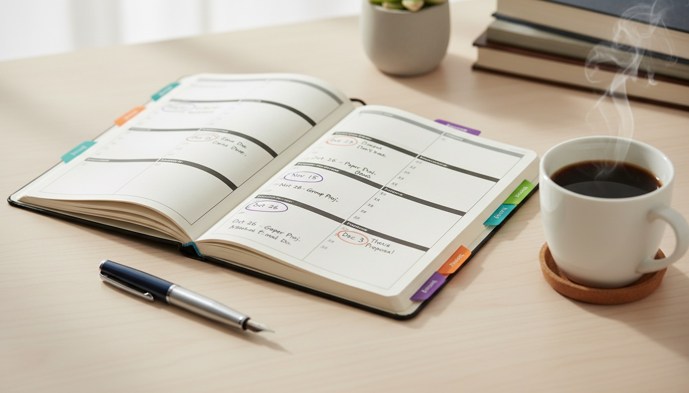 Open planner with color-coded tabs and pen on desk, representing college application deadline organization and time management for students.
