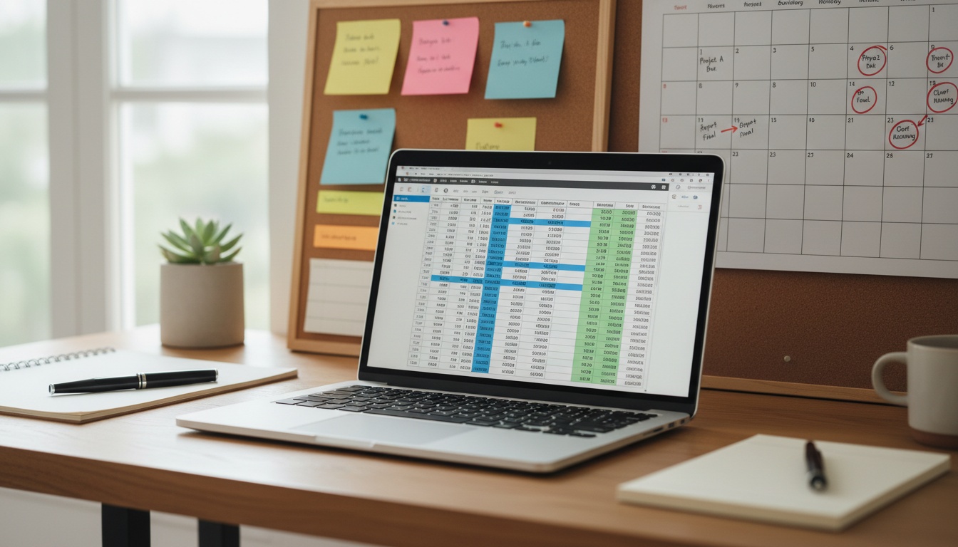 Organized desk with laptop, spreadsheet, color-coded notes, and calendar showing application deadlines and tracking system for college submissions.