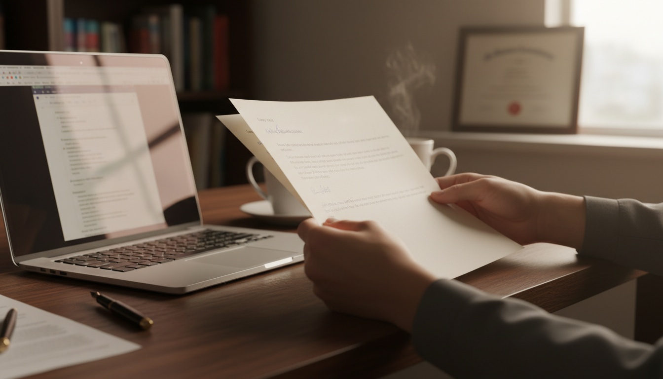 Hands holding a college essay manuscript on a desk with a laptop, representing the college application writing process in warm, professional lighting.