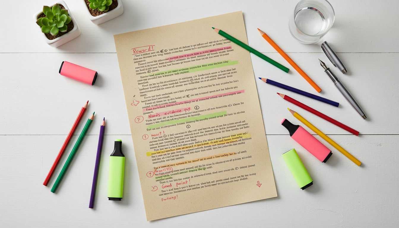 Overhead view of a marked-up essay page with color-coded annotations and margin notes on a clean desk surface with natural lighting.