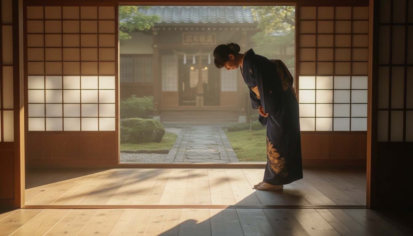 Une personne effectuant un salut respectueux au Japon, avec une lumière matinale naturelle et une architecture traditionnelle en arrière-plan.