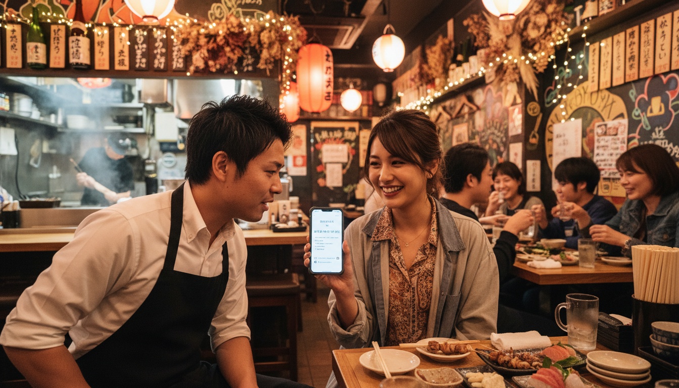 Une femme montrant un texte traduit sur son smartphone à une serveuse dans un izakaya bondé au Japon, illustrant la technologie de traduction en temps réel.