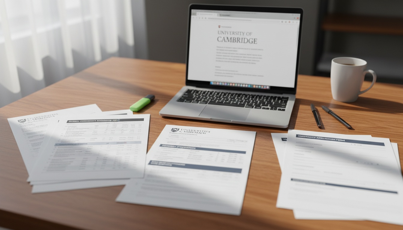 Overhead view of college application materials and ranking documents on a student's desk with laptop and pen, representing university research and selection process.