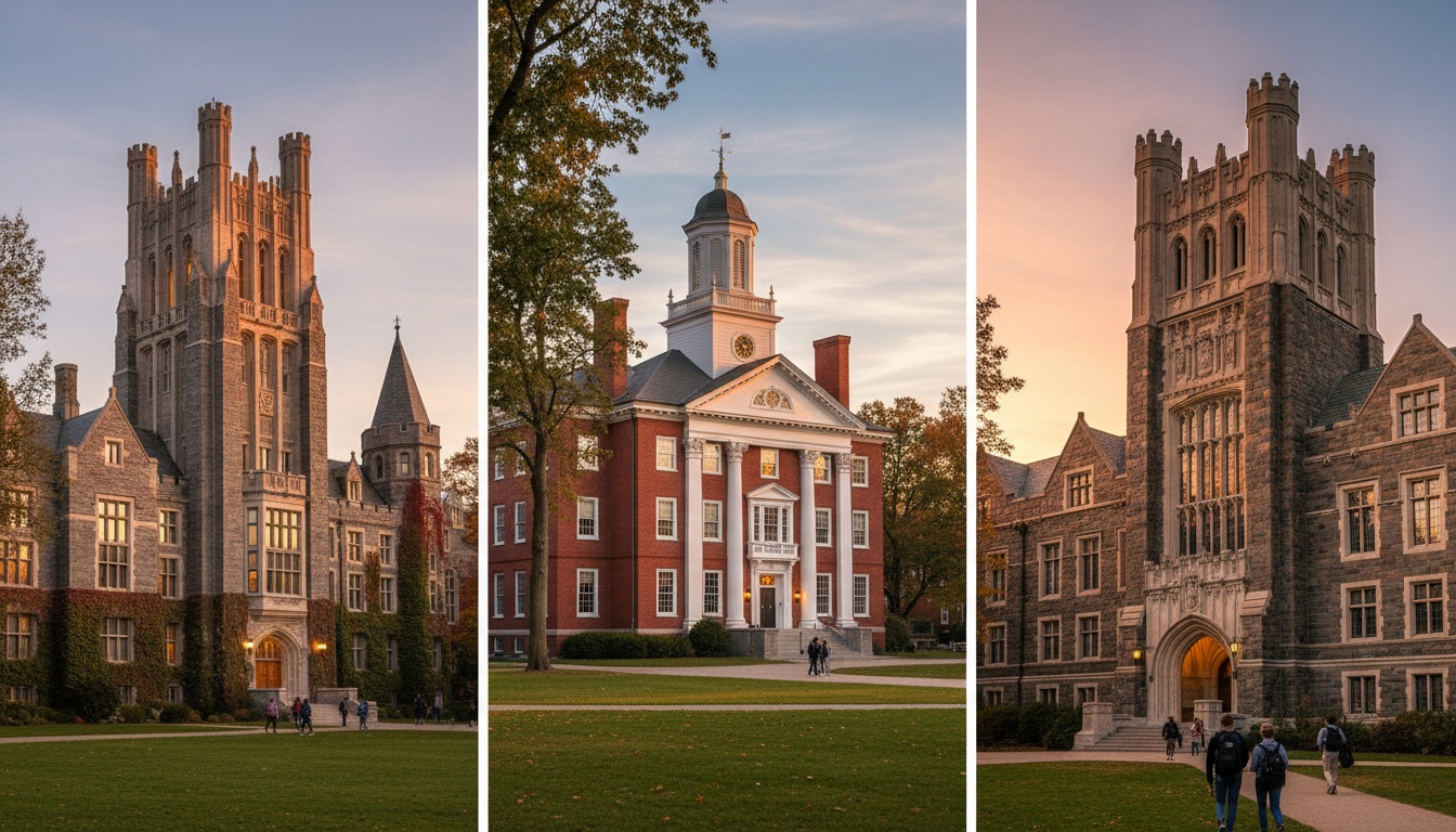 Three different university campus buildings photographed together, each representing Cornell, Dartmouth, and Duke's distinct architectural character and prestigious academic environments.