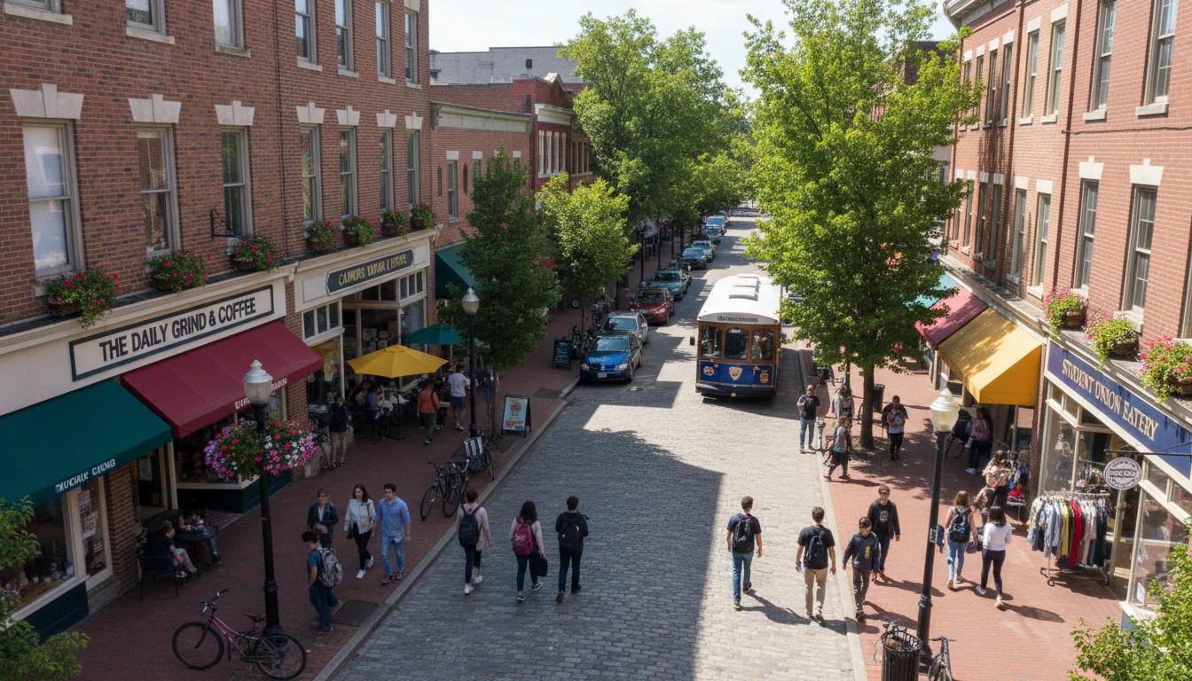 Overhead shot of a lively college town main street lined with shops, restaurants, and students socializing outdoors on a bright afternoon