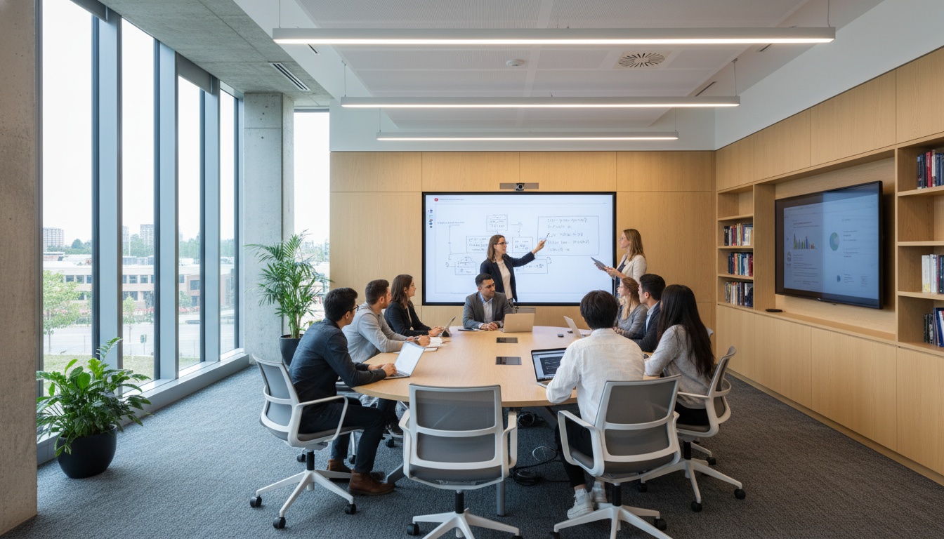 Students and faculty member discussing research at a whiteboard in a bright, modern seminar room within an academic building.