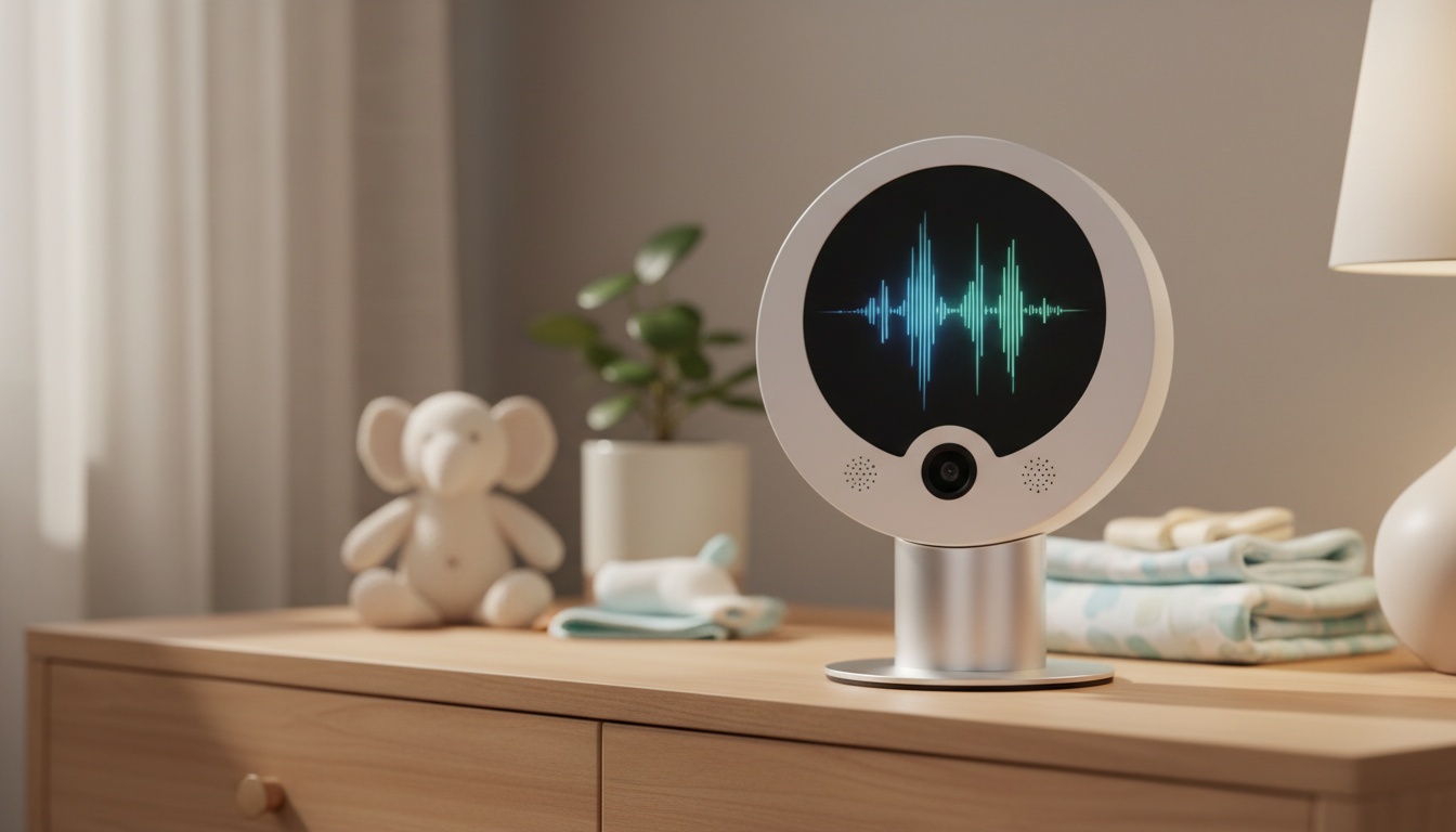 Close-up of a digital baby monitor screen showing sound wave analysis and detection interface in a softly lit bedroom setting.