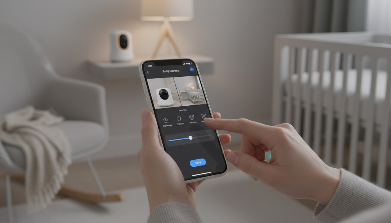 Parent's hand adjusting baby monitor sensitivity settings on smartphone with crib visible in soft-focused background.