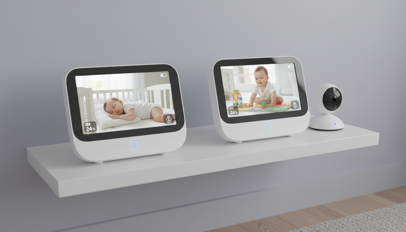 Two contemporary baby monitors displayed next to each other showing live video feeds in a bright, clean nursery setting.