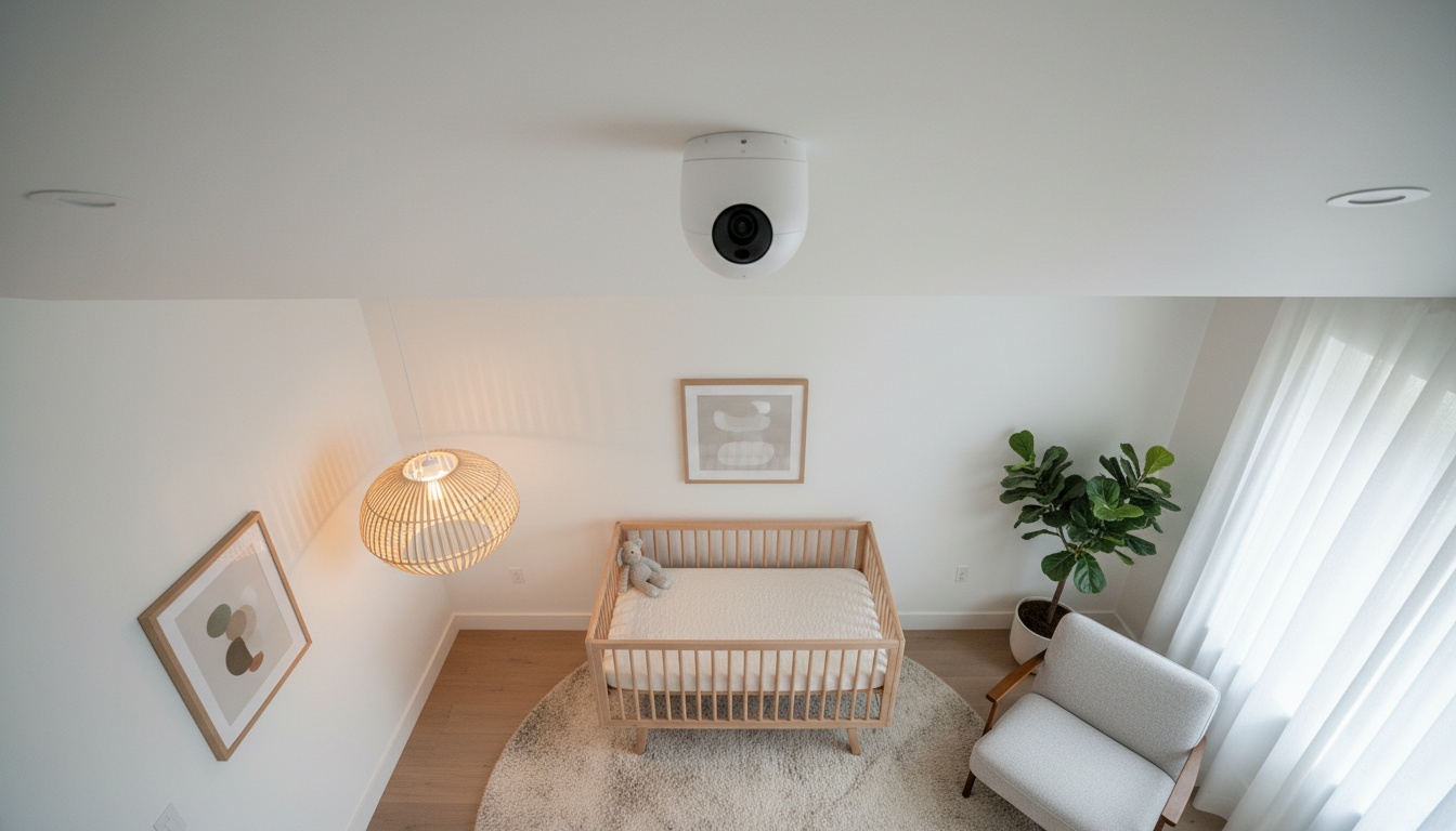 Overhead shot of a ceiling-mounted baby monitor camera positioned above a crib in a contemporary nursery with warm lighting and minimal furnishings.