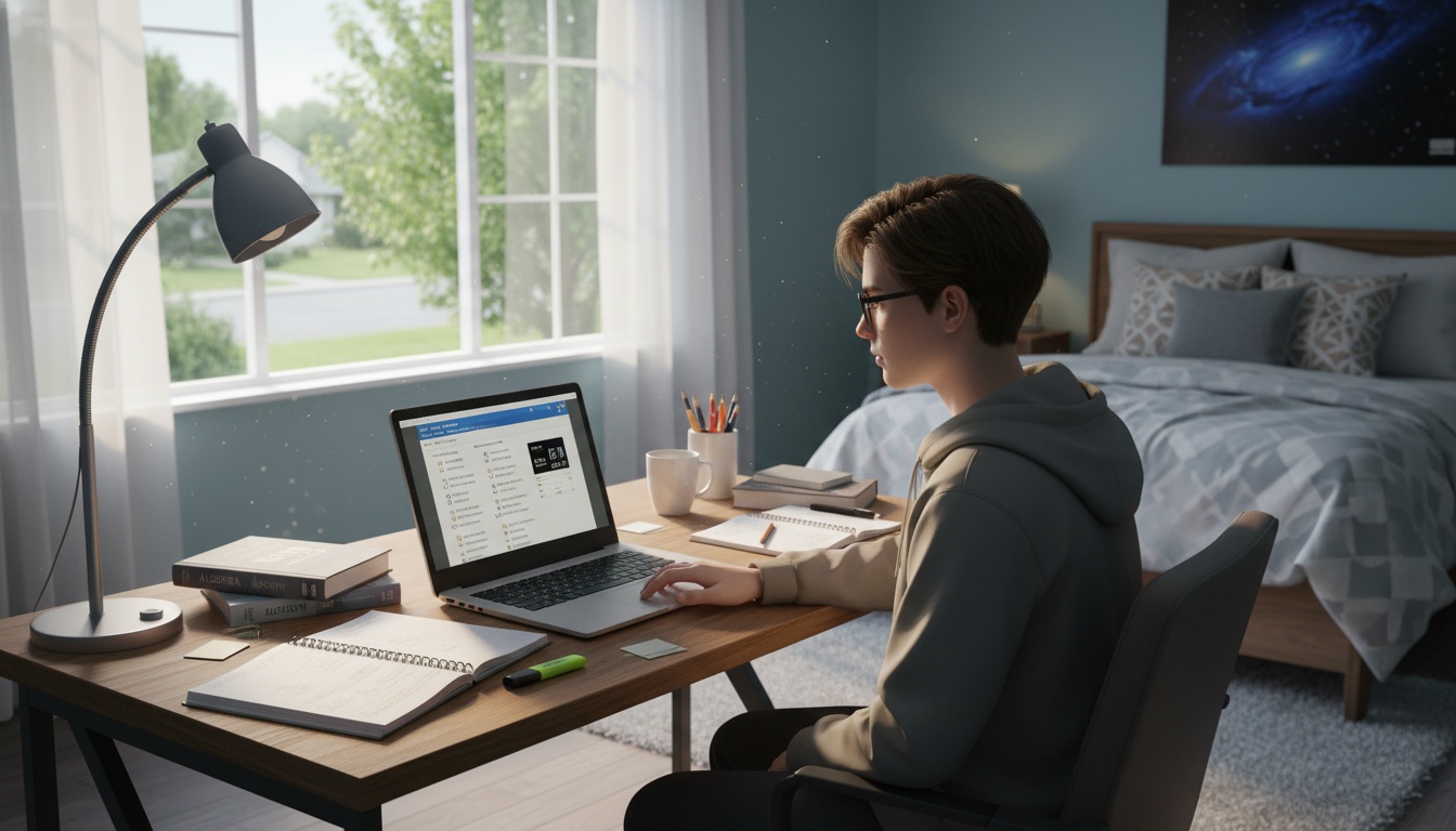 Teenage student concentrating on a laptop screen during a digital SAT practice test, with notebooks and study materials on desk nearby.
