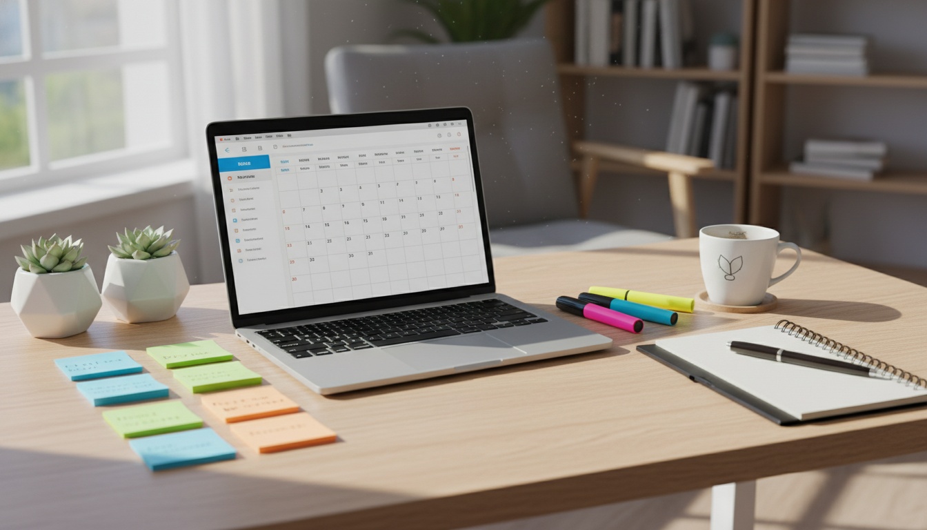A neatly organized study workspace with a laptop, color-coded notes, and study materials arranged on a desk, representing a structured 12-week SAT prep schedule.