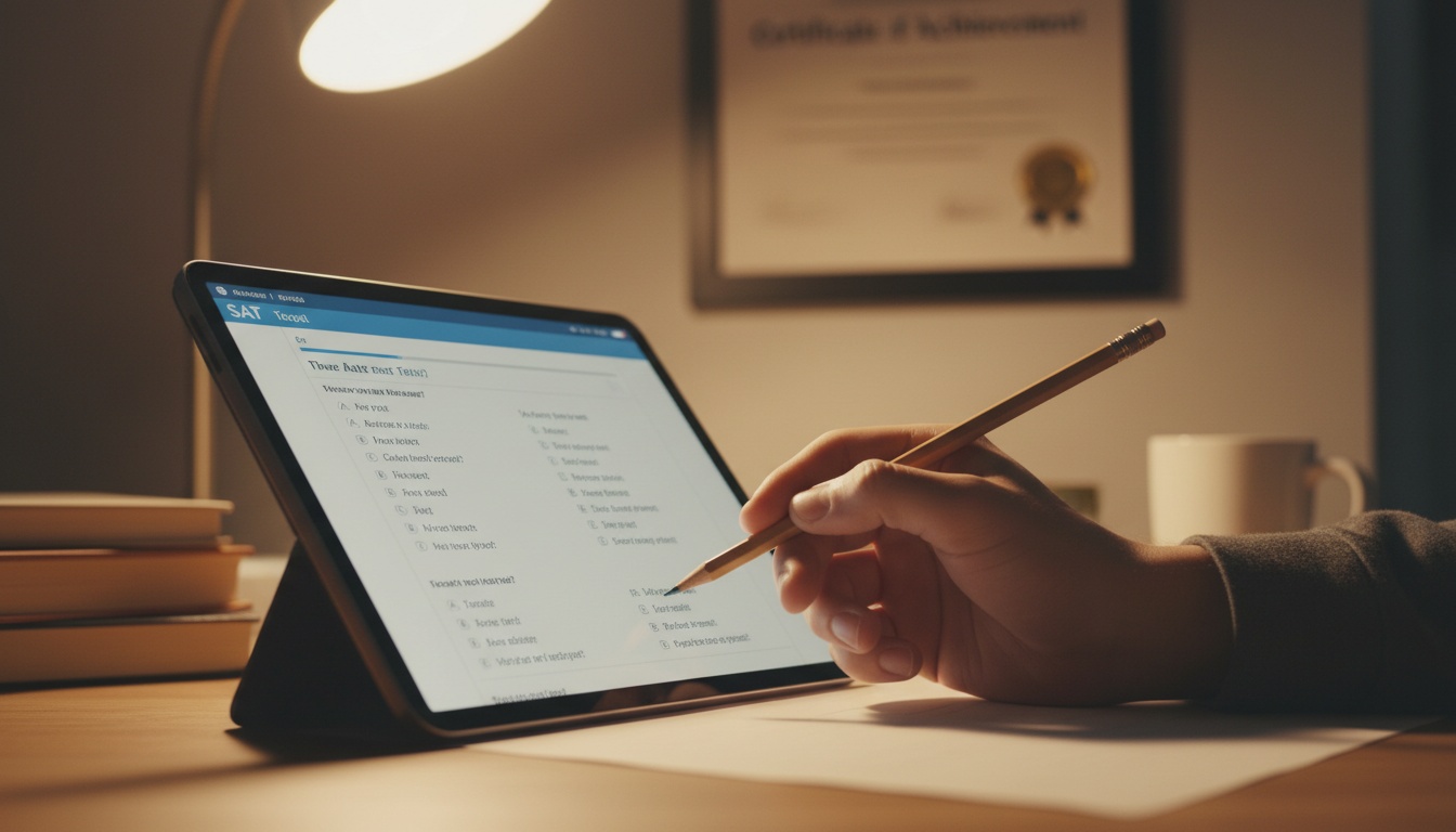Student's hand with pencil poised over digital SAT test on tablet screen, symbolizing test-taking precision and academic achievement in professional setting