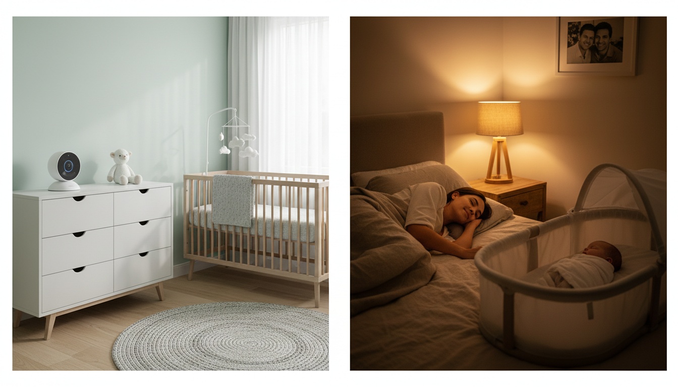 Split image comparing a nursery with baby monitor on one side and parent co-sleeping with bassinet on the other side, representing different infant sleep arrangements.
