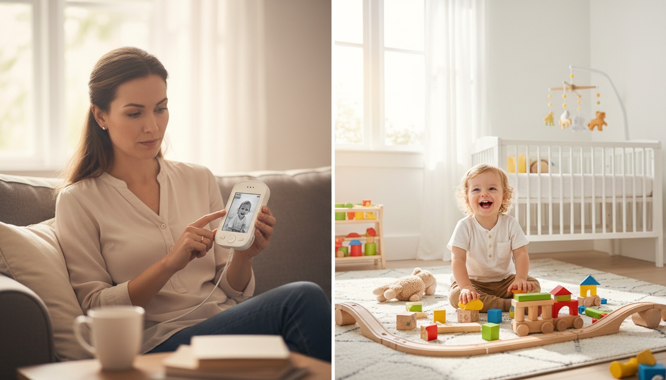 Side-by-side comparison of infant monitoring versus toddler independence, illustrating different stages of child development and parental supervision needs.