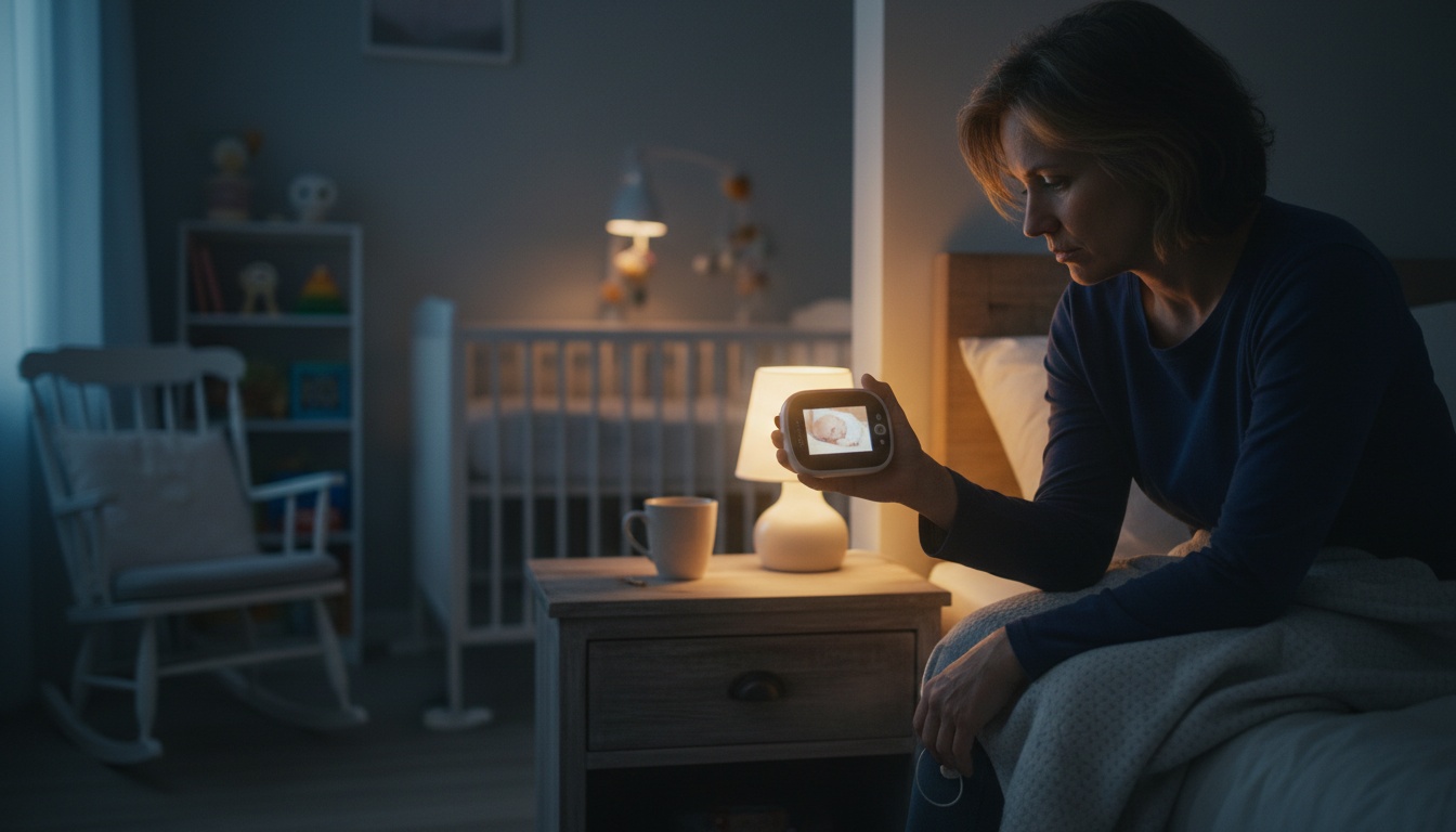 Parent checking a baby monitor screen at night while their infant sleeps in a crib, soft bedroom lighting, realistic home setting