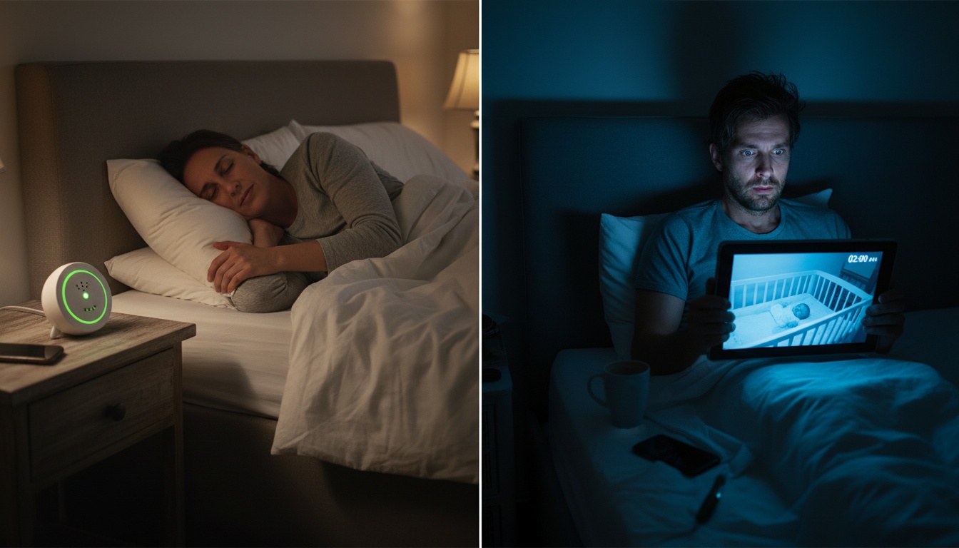 Side-by-side comparison of a rested parent sleeping versus an anxious parent awake at night staring at a baby monitor screen, illustrating sleep anxiety trade-offs.