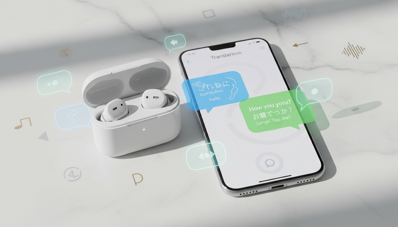 Flat-lay of translator earbuds beside smartphone showing translation app with multilingual speech bubbles, representing real-time translation technology workflow.