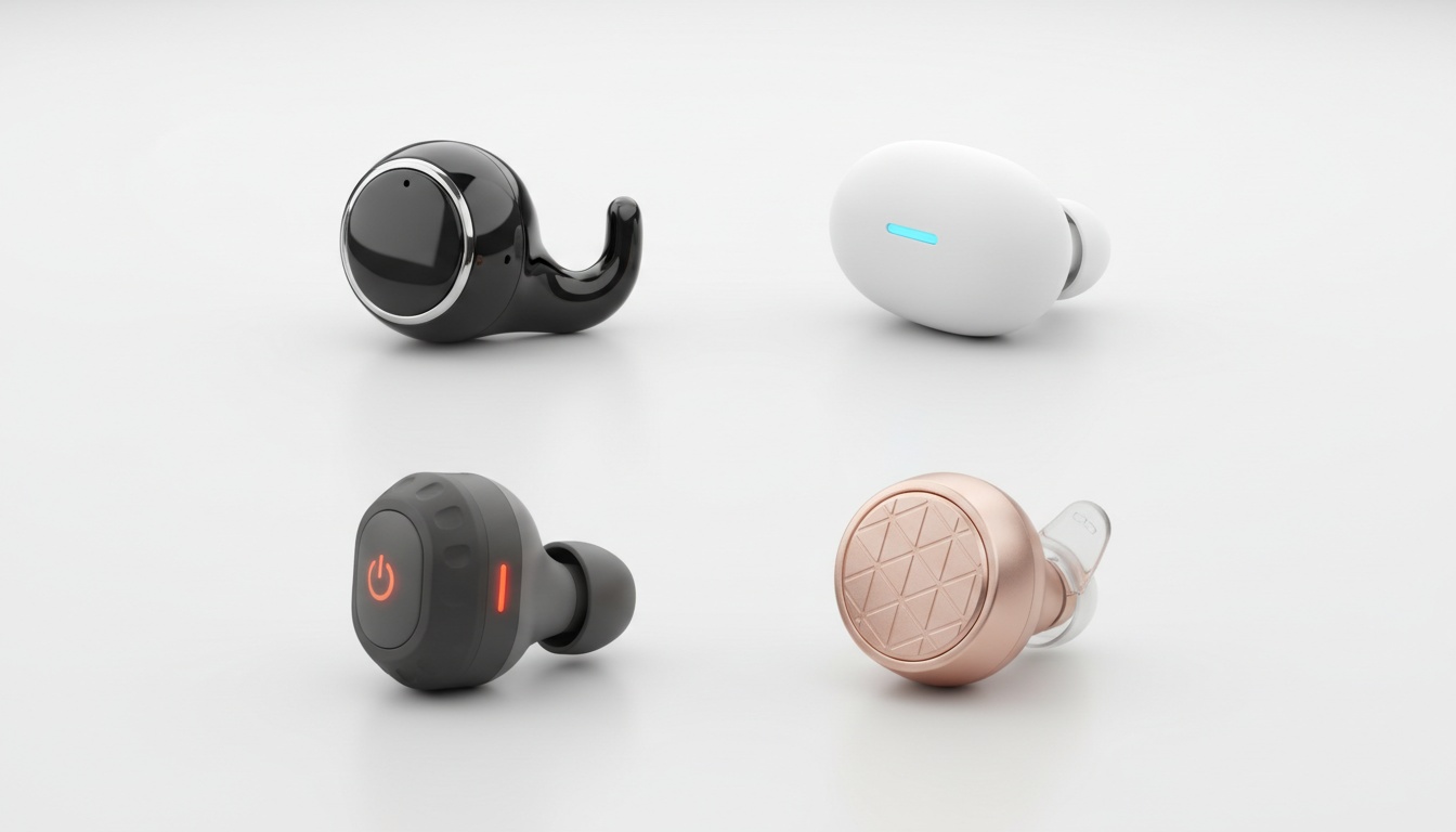 Four translator earbud models displayed side-by-side on white background, showing distinct designs and form factors for easy visual comparison.