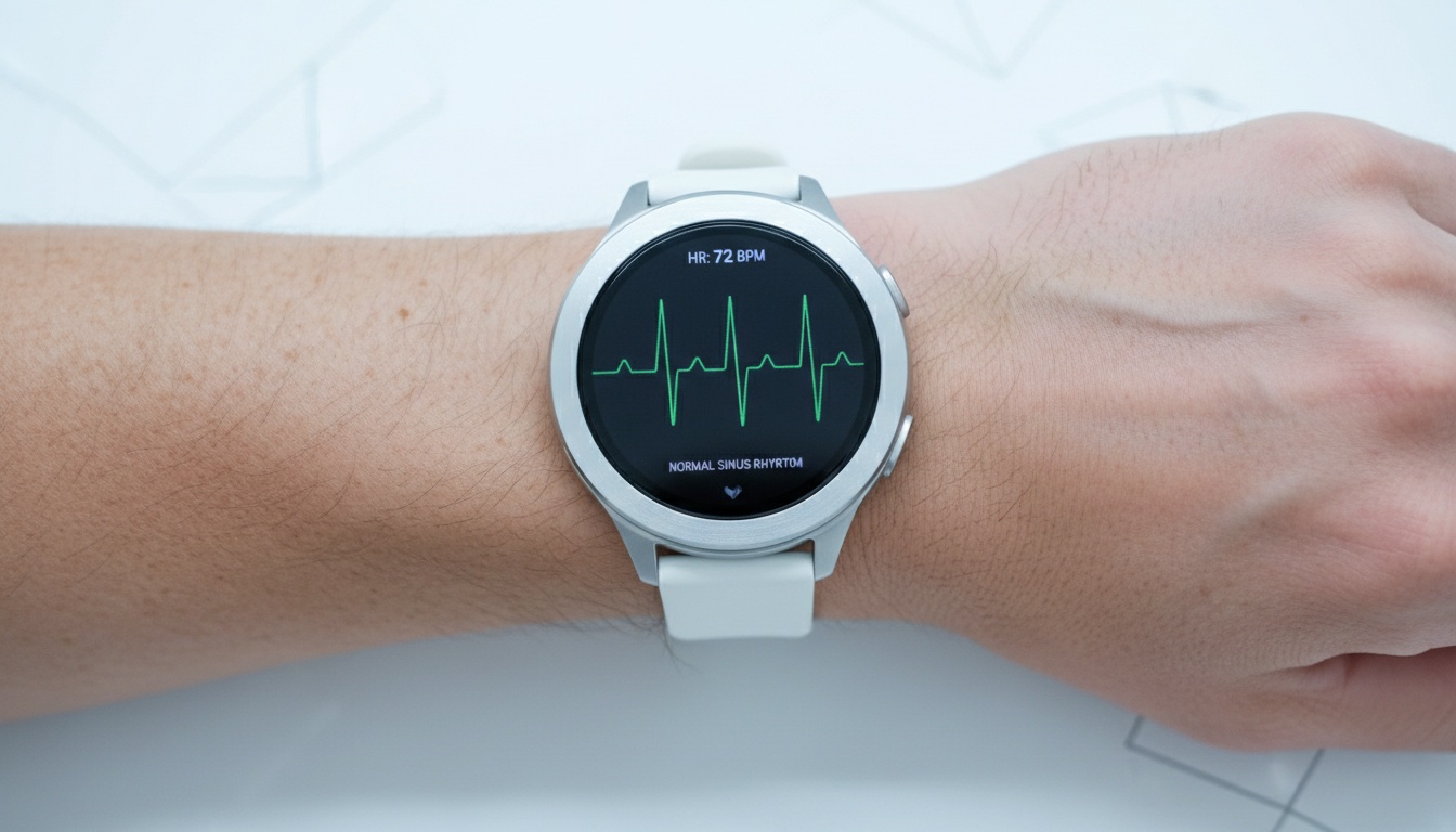 Smartwatch met ECG-golfvorm op het display tegen menselijke huid, als symbool voor hartritmemonitoring en hartgezondheidsdata.