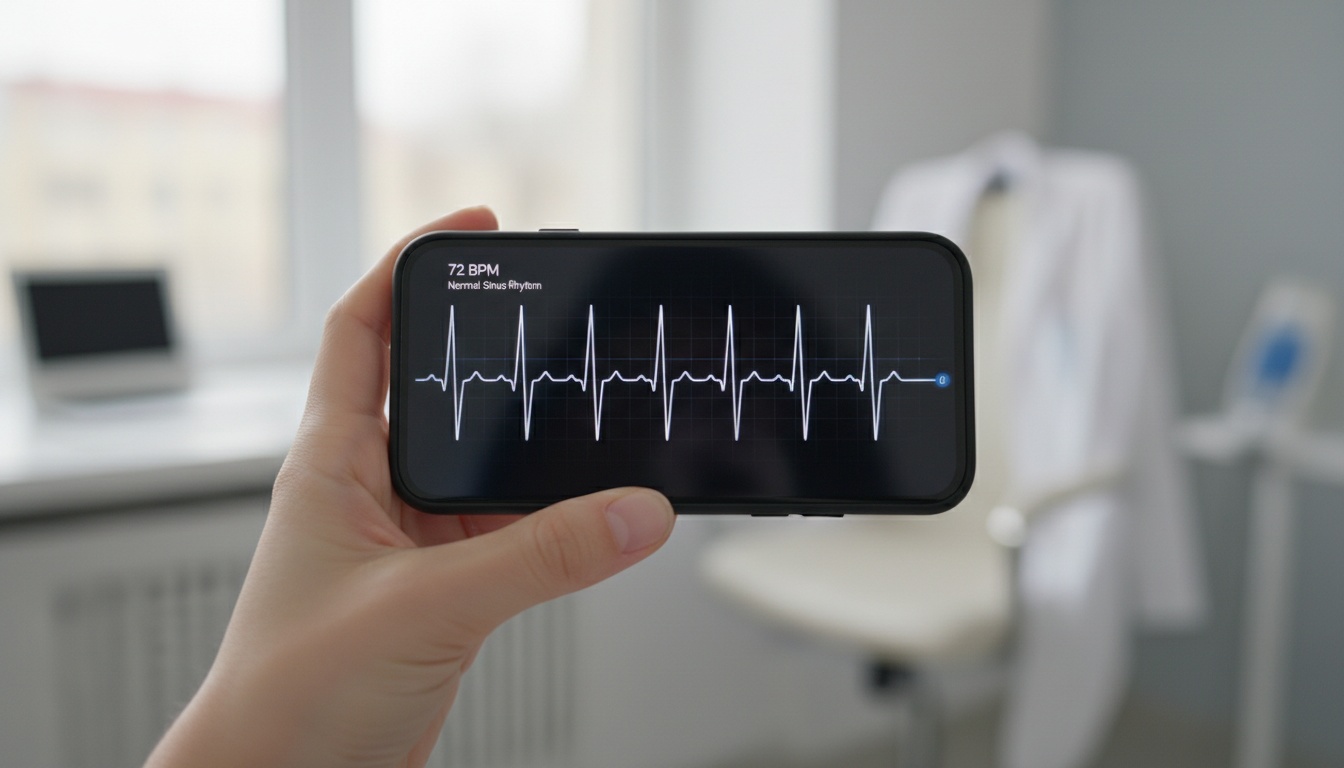 Smartphonescherm met ECG-golfvorm en gelabelde hartritmepatronen in een klinische omgeving.