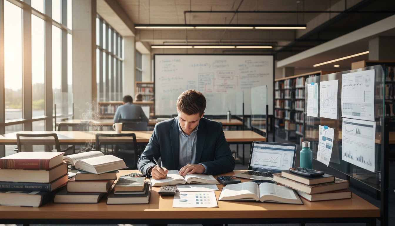 Student reviewing economics and statistics materials at a library desk with data visualizations and academic resources visible.